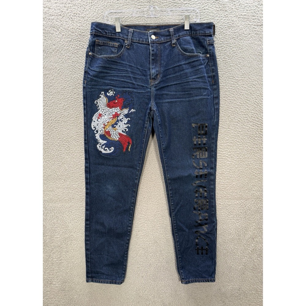 Fashion Nova Men Jeans Mens 36x30 Blue Denim Embroidered Dragon Ed Hardy Style